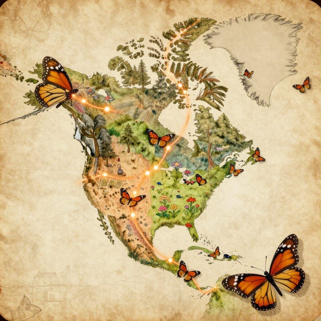 Monarch Butterfly Migration Map on Parchment