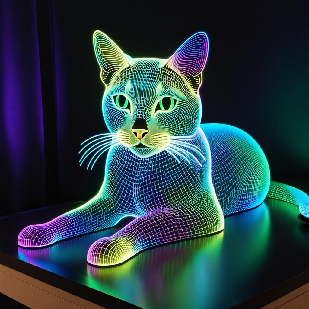 Holographic Cat in Neon Mesh Style