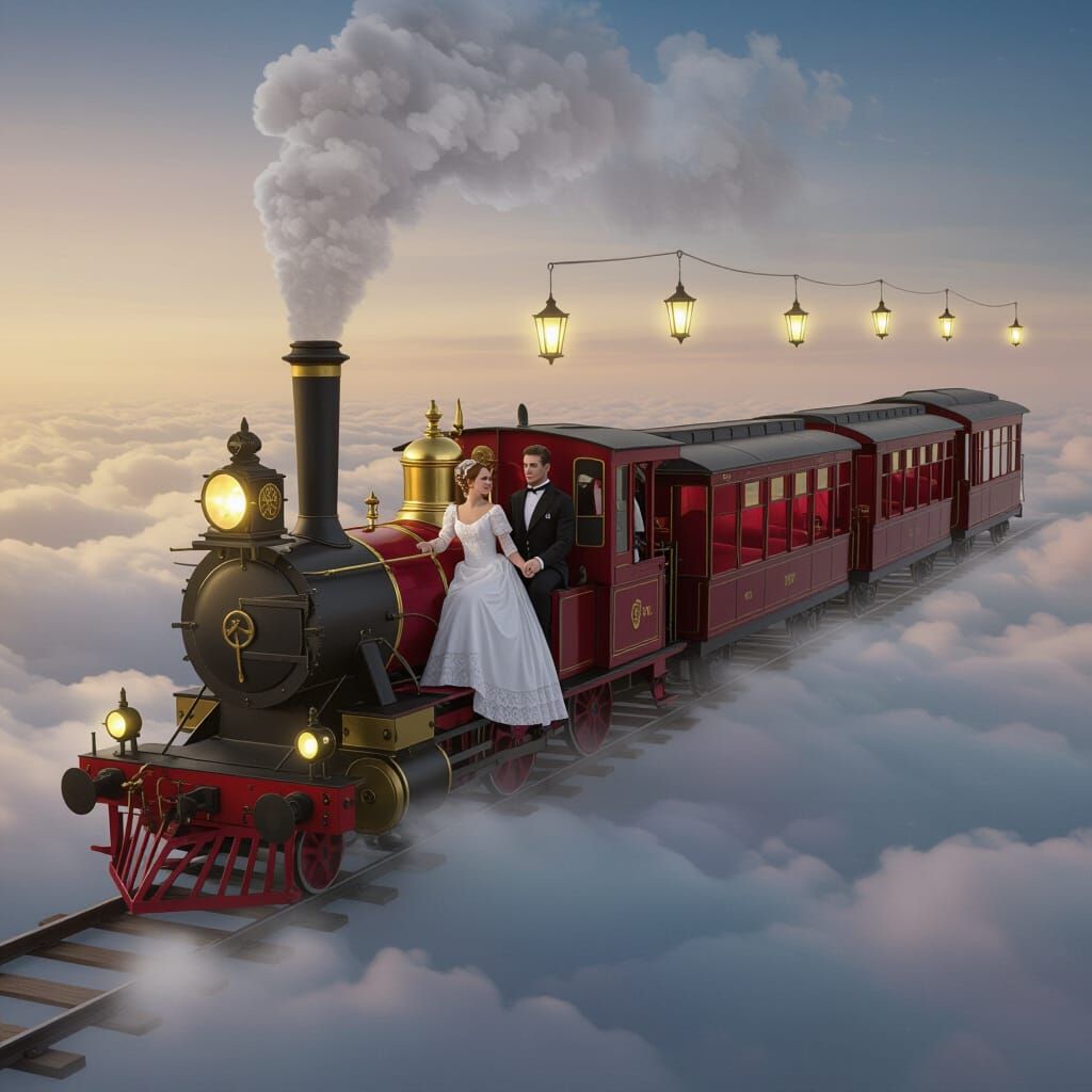 Victorian Gothic Train Journey Through Clouds