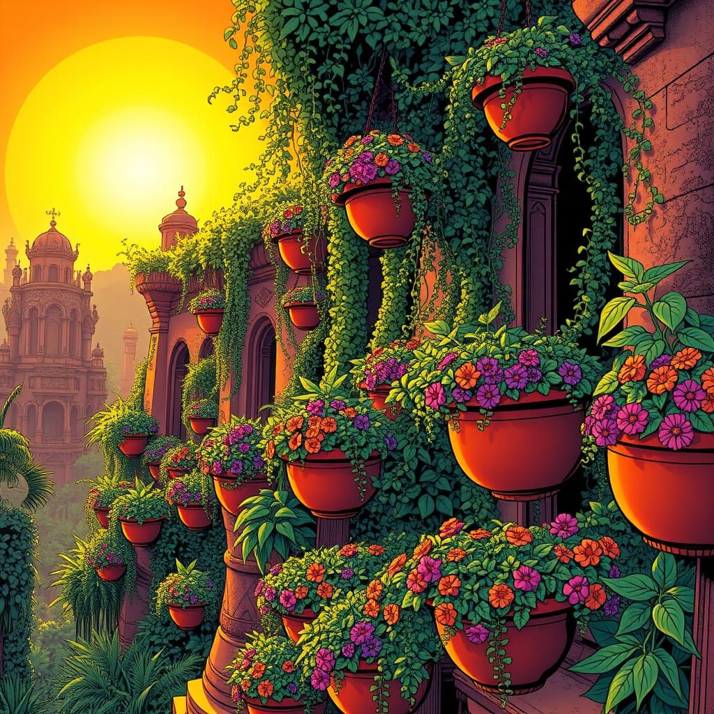 Hanging Gardens of Babylon in Comic Art Style