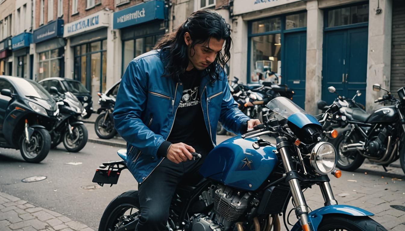 Young Man Repairs Blue Bike: Cinematic Film Still