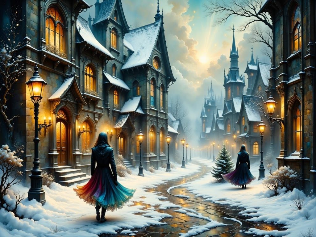 Ethereal Figures in Snowy Gothic Christmas Scene