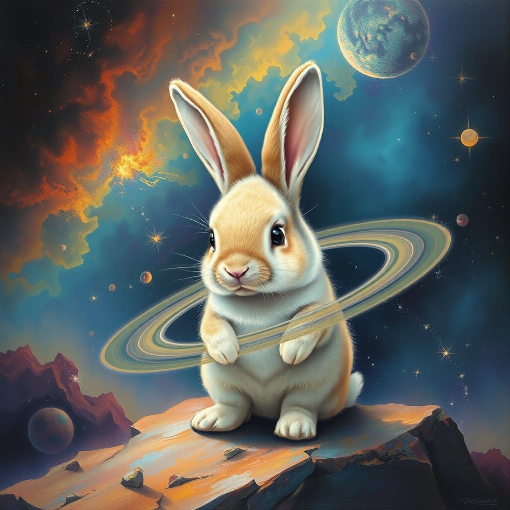Cosmic Saturn Bunny Amidst a Whimsical Collapse