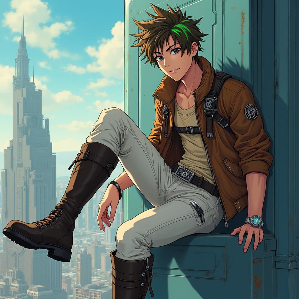 Anime-Inspired Young Adventurer Leans Over City Edge