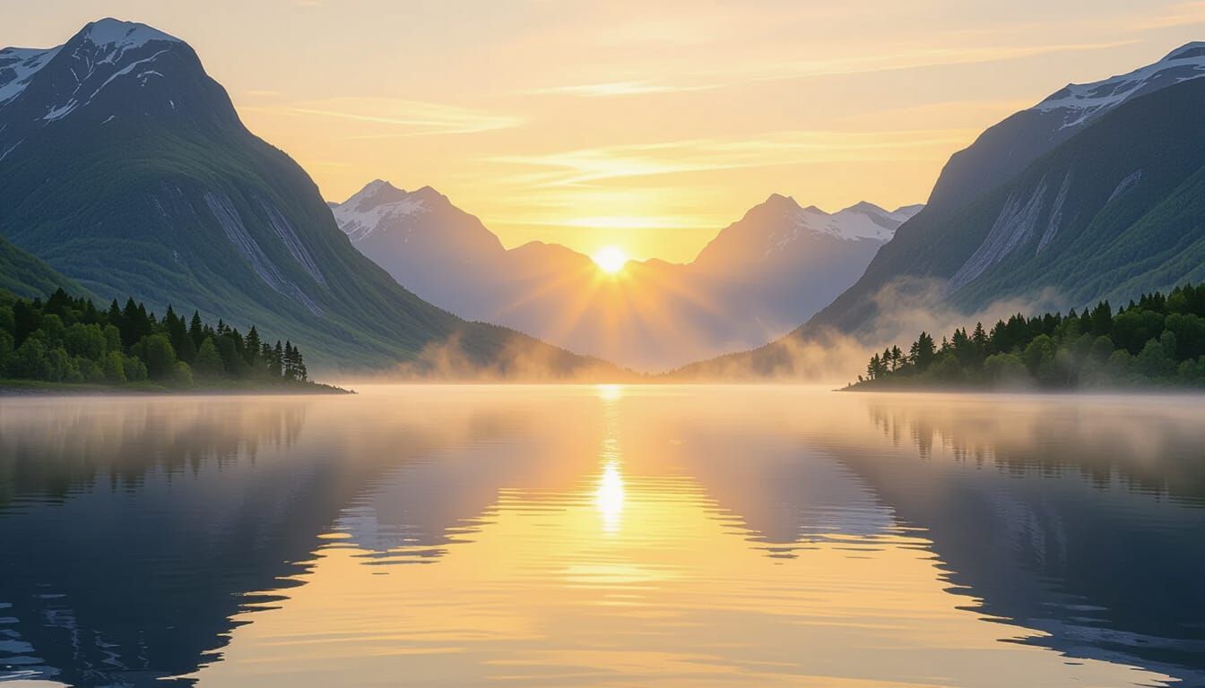 Golden Sunrise Over Misty Norwegian Fjord