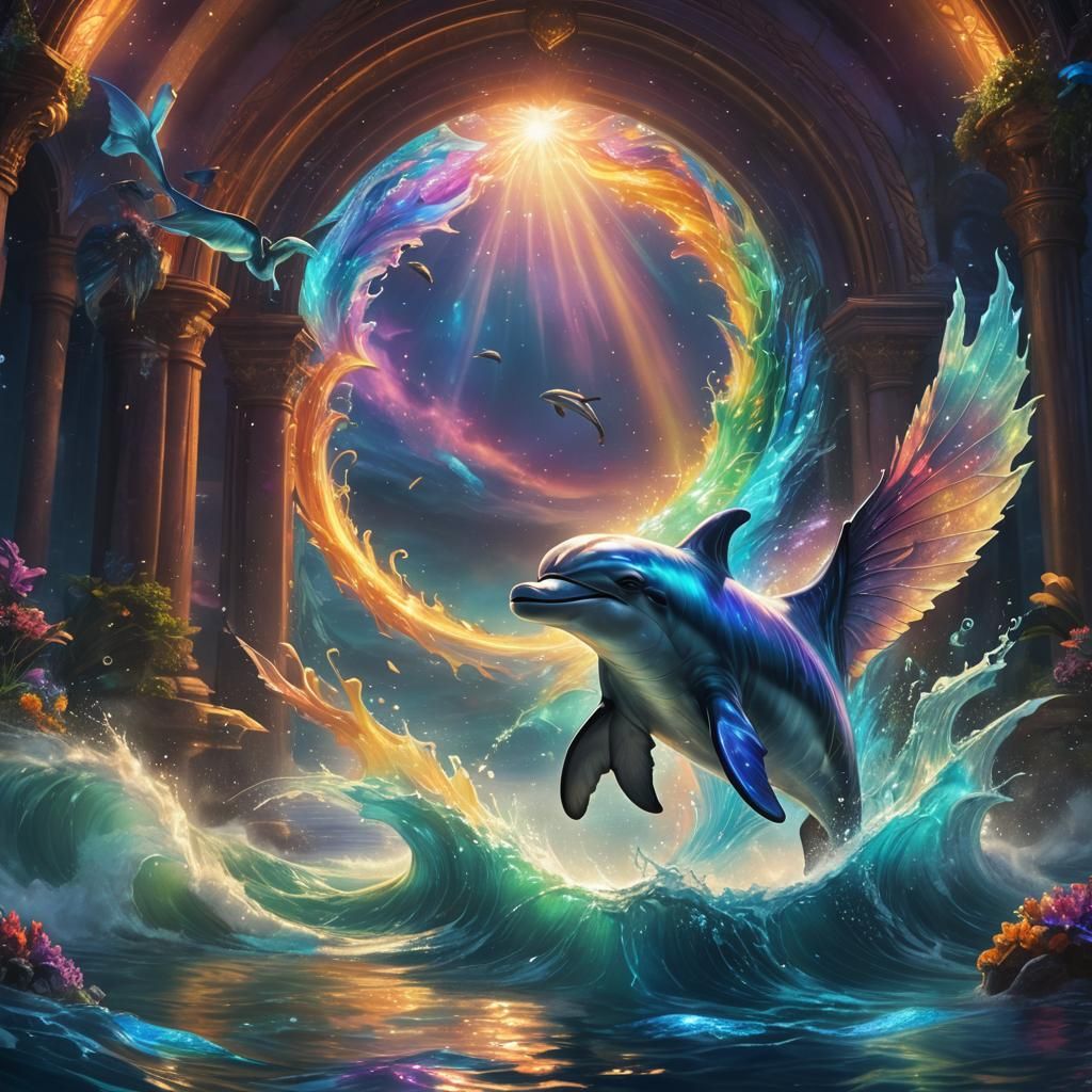Mystical Dolphin Cat Swimming Through Oceanic Portal