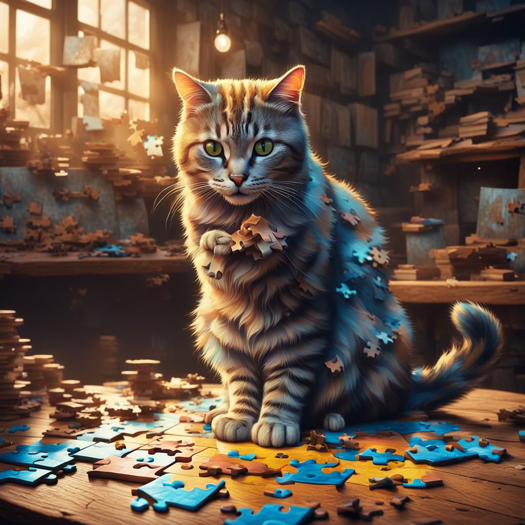 Cat Lounging on Jigsaw Puzzle: Fantasy Concept Art