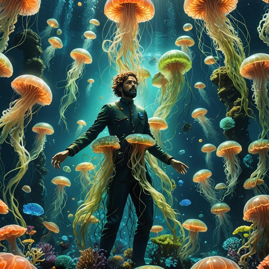 Underwater Surrealism Scene with Bioluminescent Life