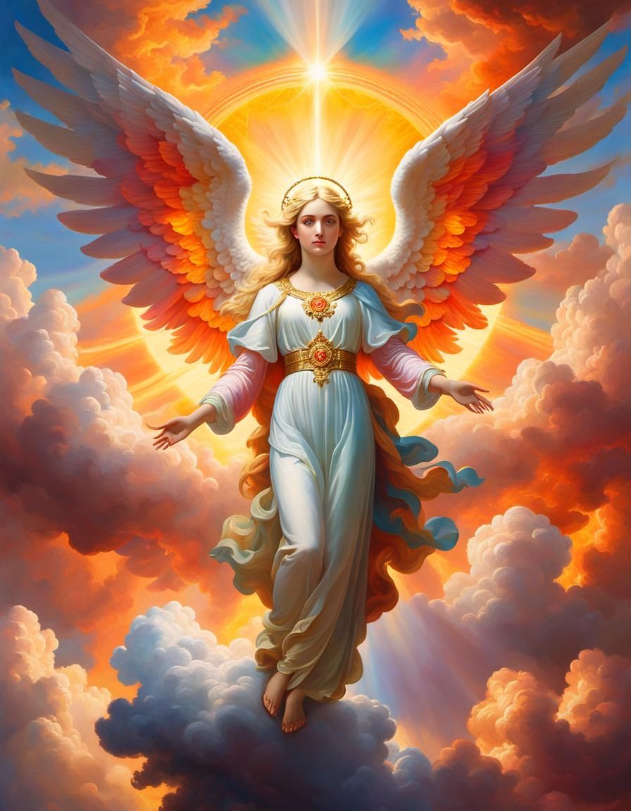 Fiery Seraphim Angel in Colorful Sky as Oil Painting