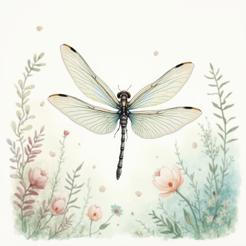 Ethereal Watercolor Dragonfly in Dreamy Garden Scene
