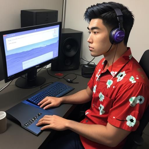 Man in Hawaiian Shirt Playing Computer Games