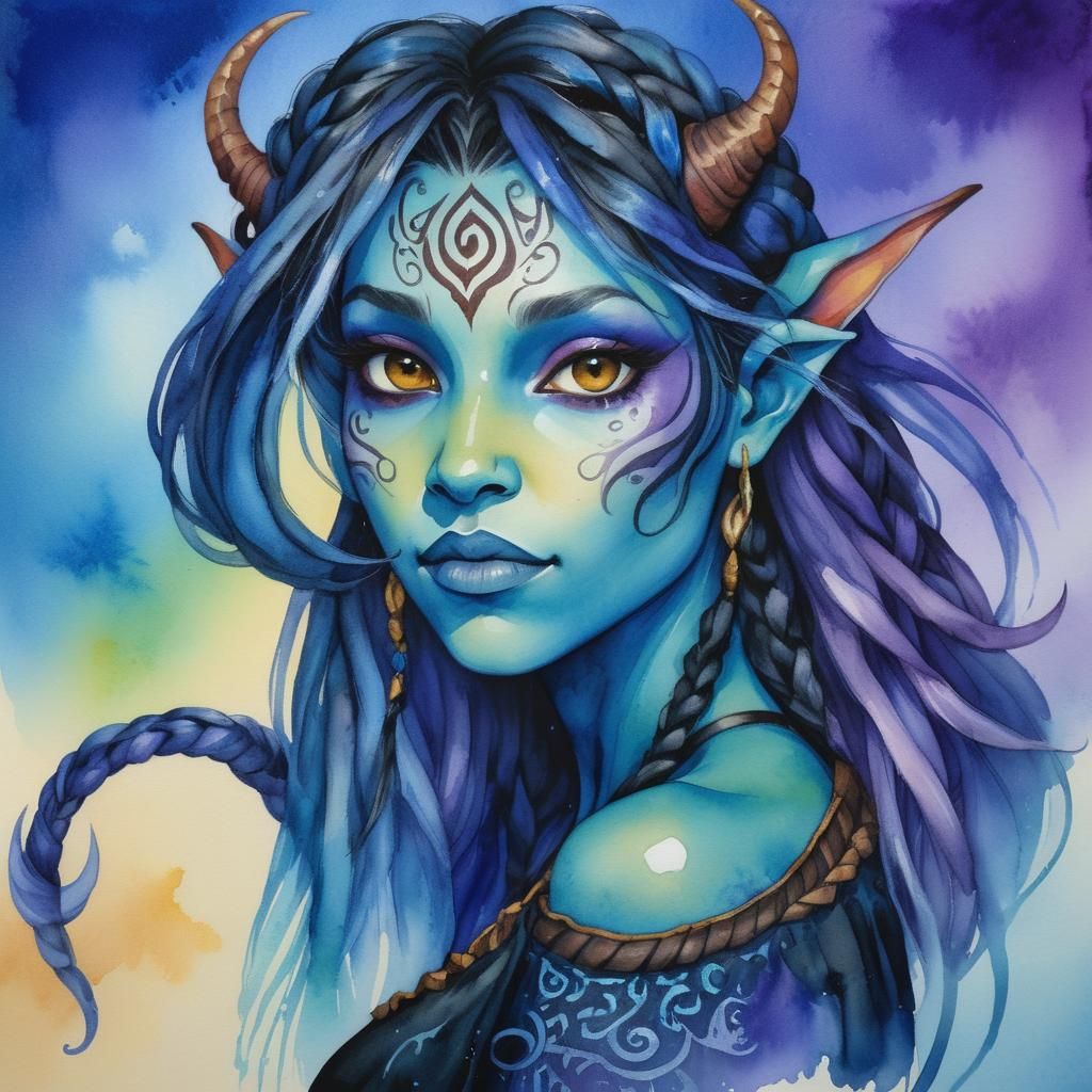 Vibrant Tiefling Portrait with Alcohol Ink and Braids