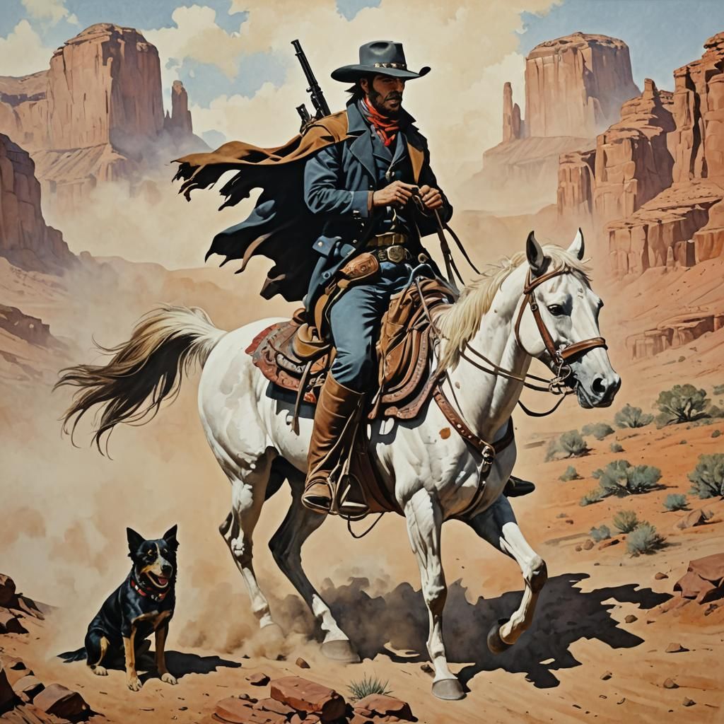 Gunslinger, Horse, and Dog: Gouache-Style Western Scene