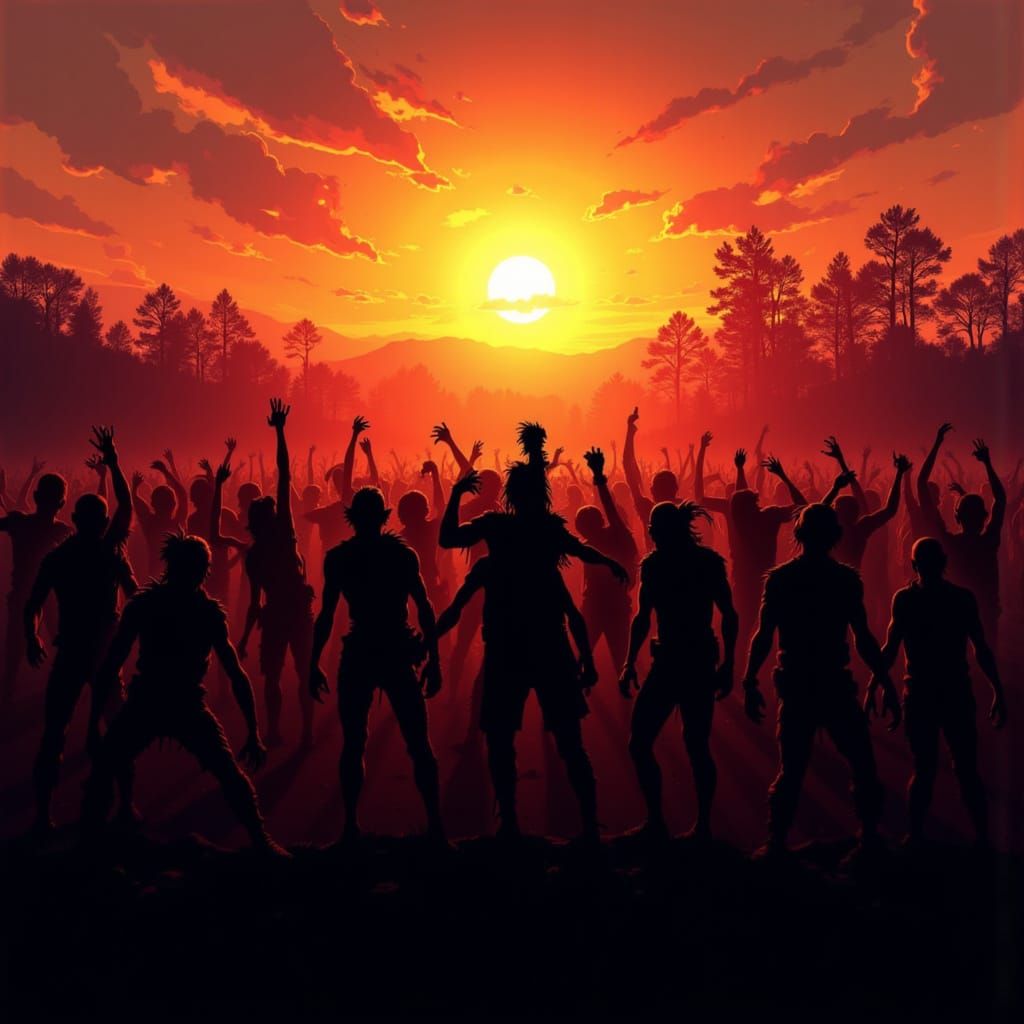 Undead Zombie Horde Silhouettes at Sunrise