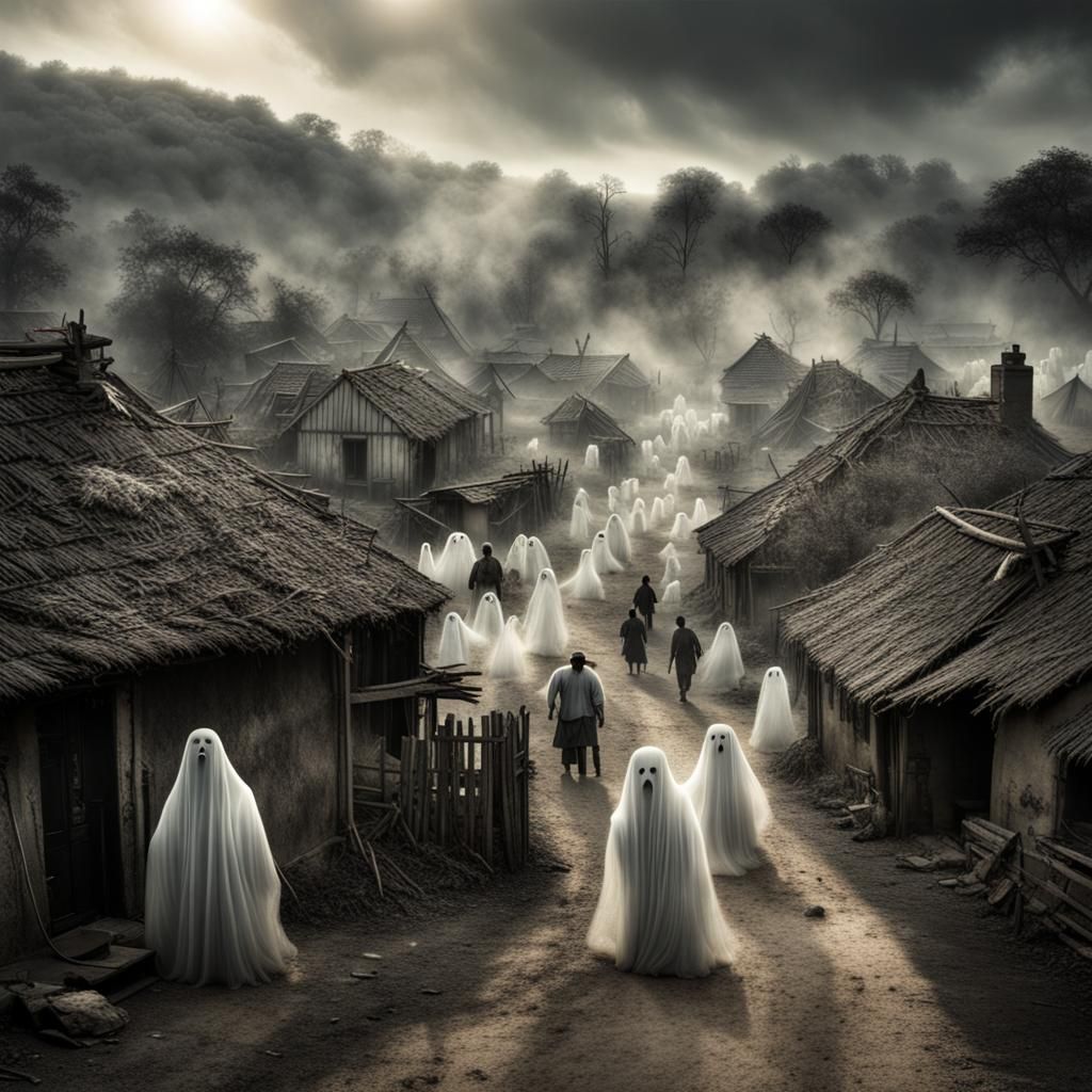 Ethereal Ghosts Haunt a Detailed Village