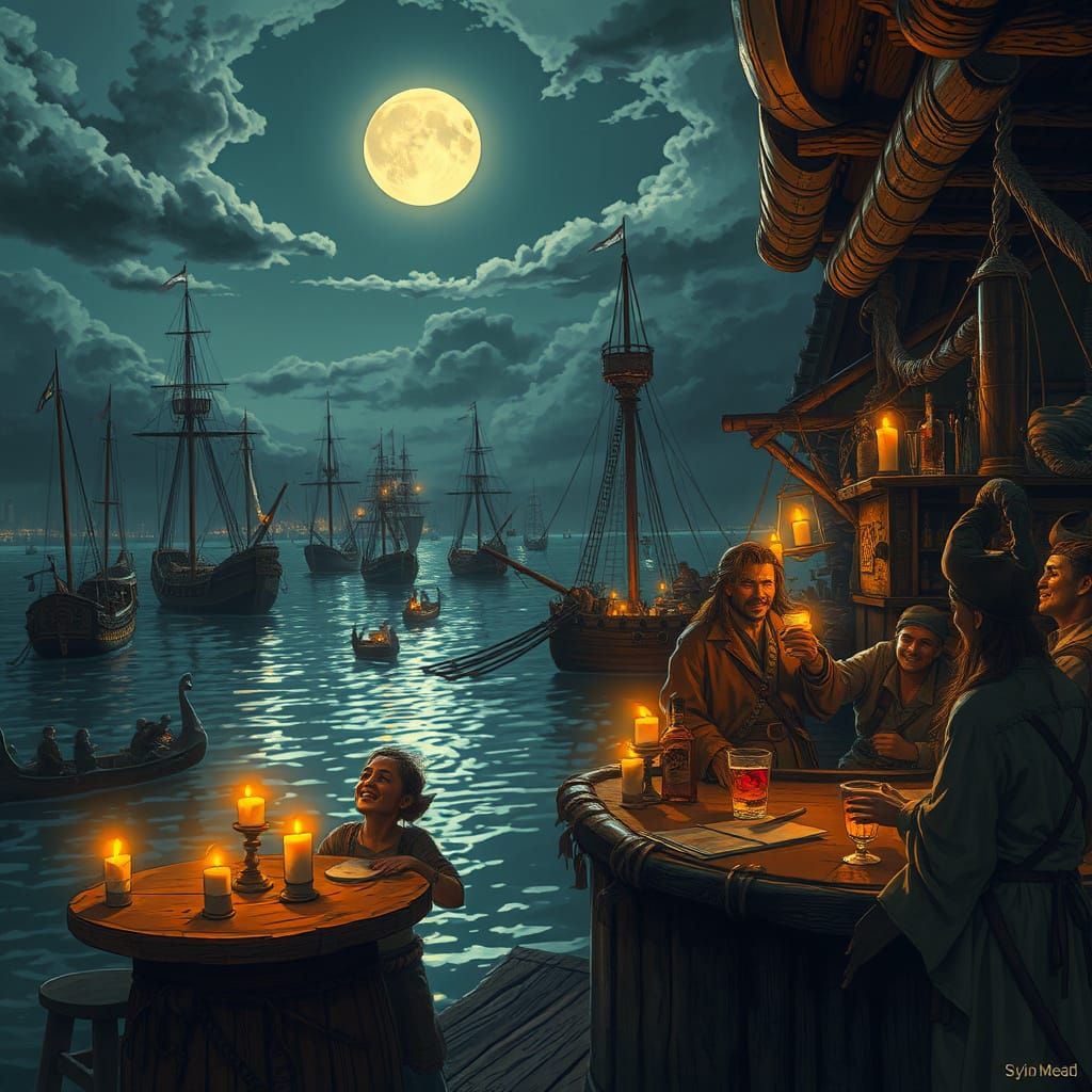 Bustling Pirate Island at Night in Retro-Futuristic Style