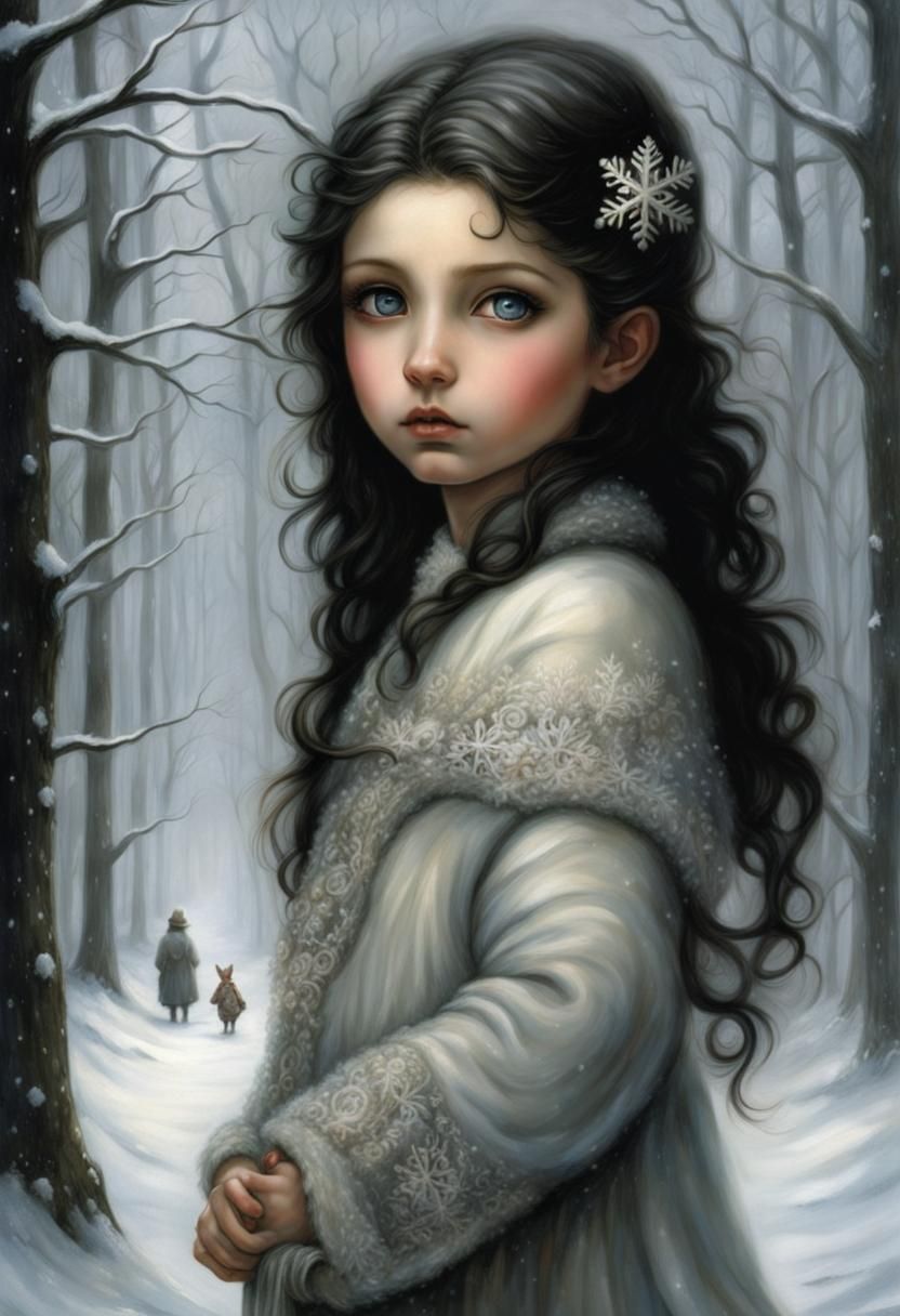Art by Craola, Dorian Vallejo, Damian Lechoszest, Todd Lockwood.luis royo
a boy with big gray eyes, big snowflakes and l...