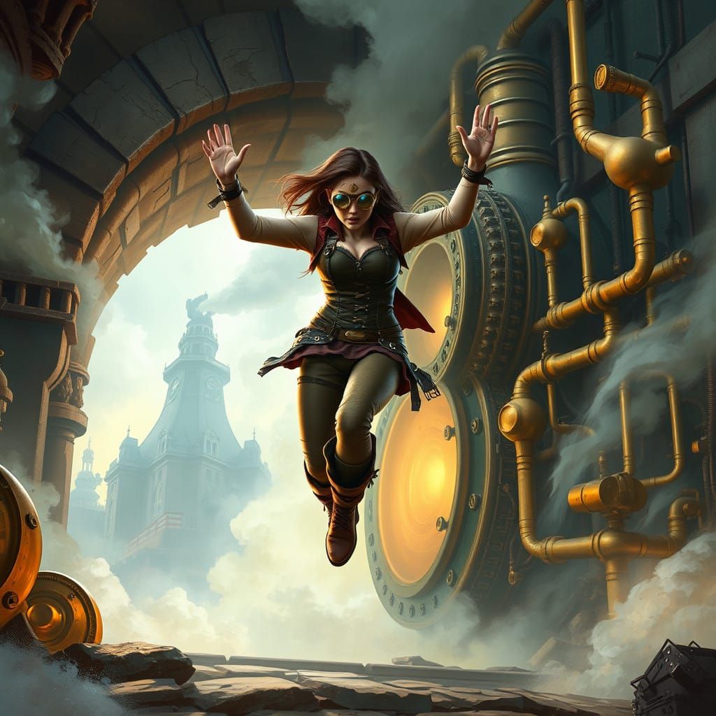 Steampunk Explorer Leaps Through Ancient Portal