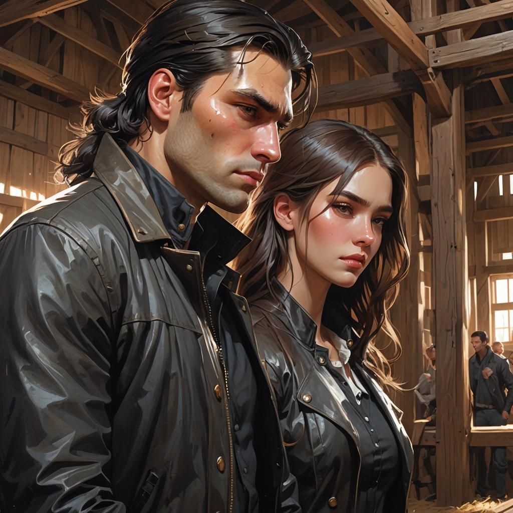 Young Man and Woman in Barn: Art Nouveau Portrait