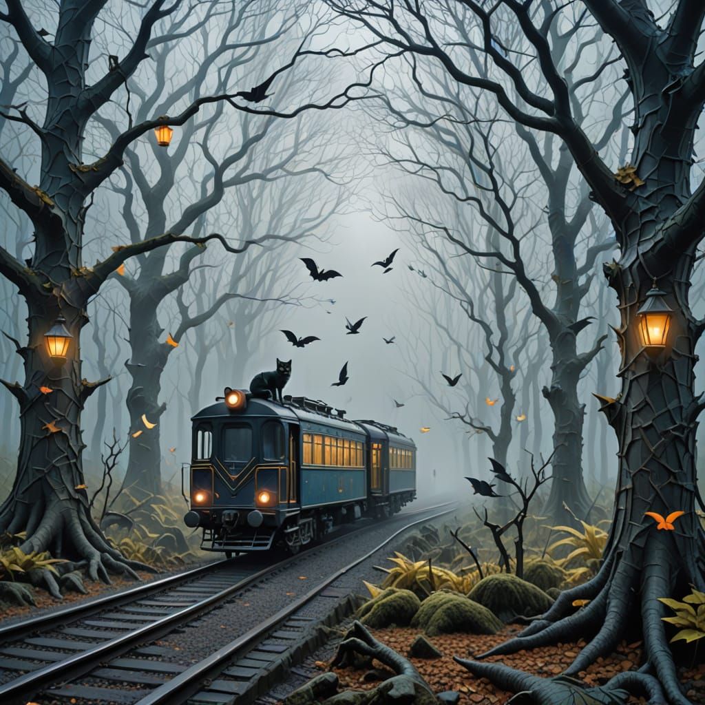 Brave Cat in Witch Costume on Train Through Foggy Forest