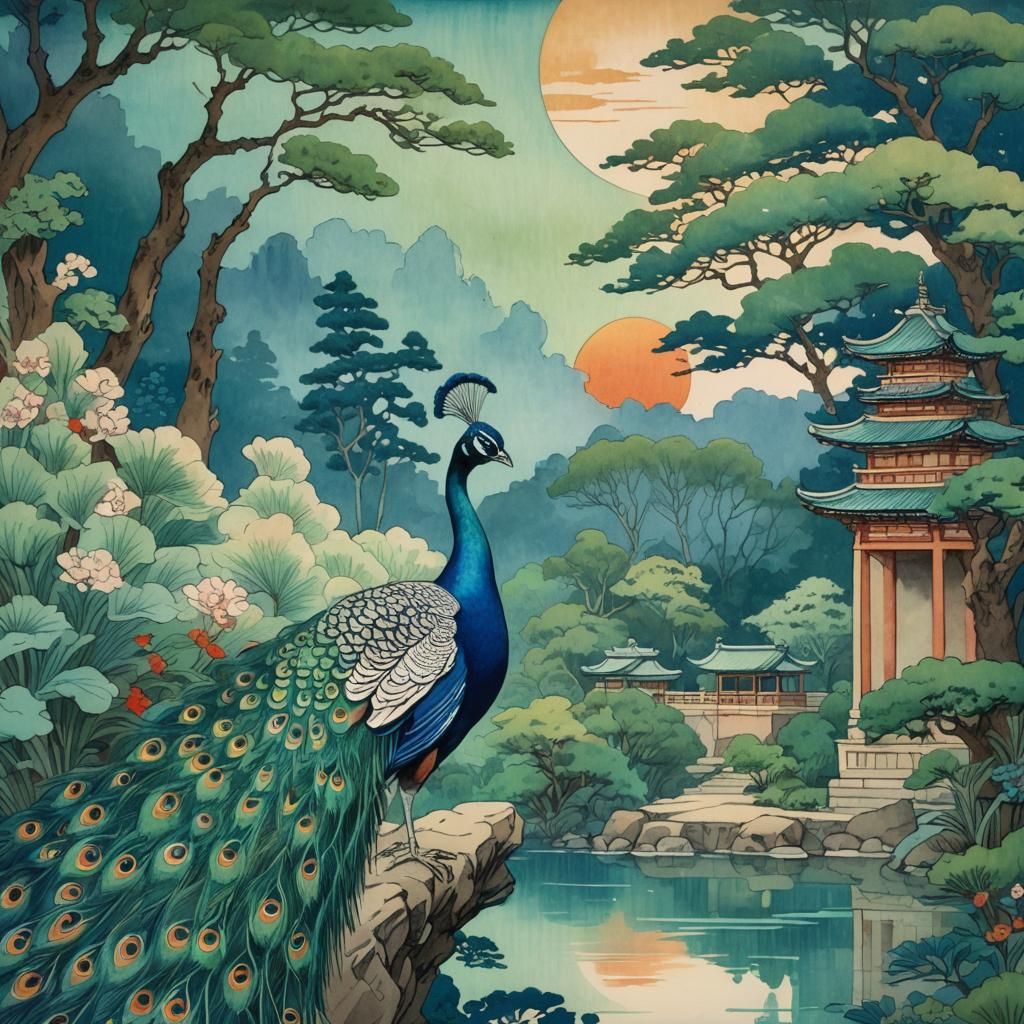 Ukiyo-e Peacock with Indian Palace, Hokusai Style