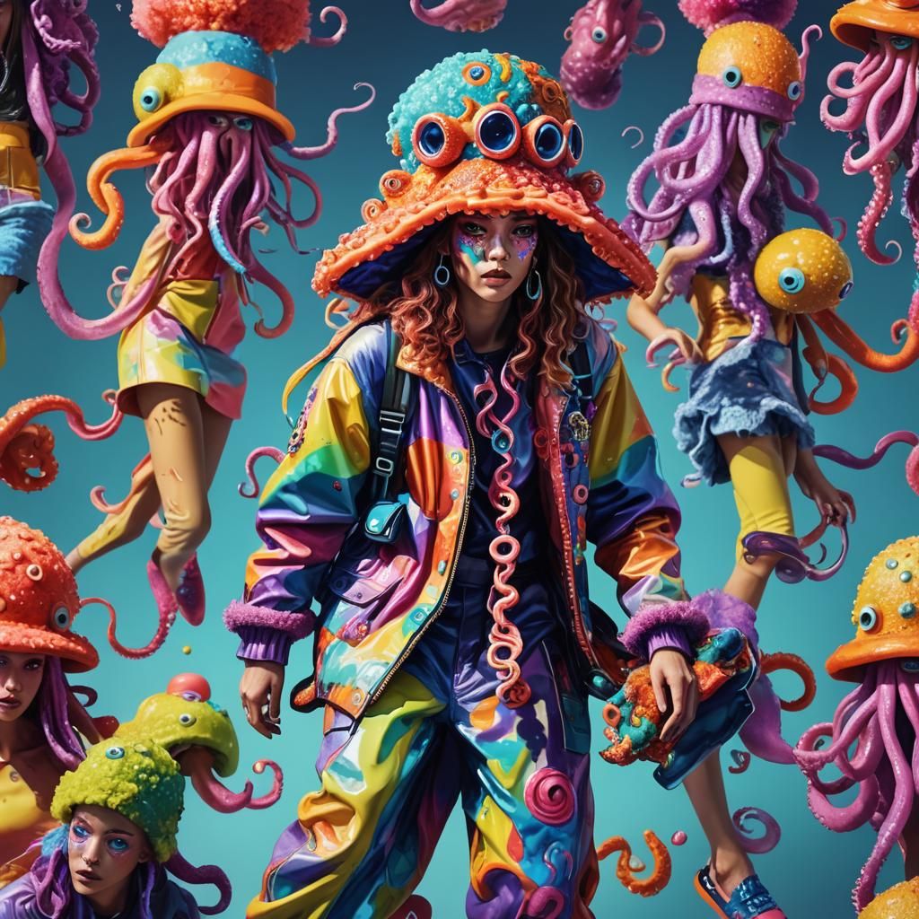 Runway Models in Octopus Hats: Hyperrealistic Splash Art