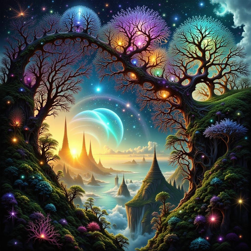 Whimsical Forest Monster Amidst Ancient Trees and Cityscape