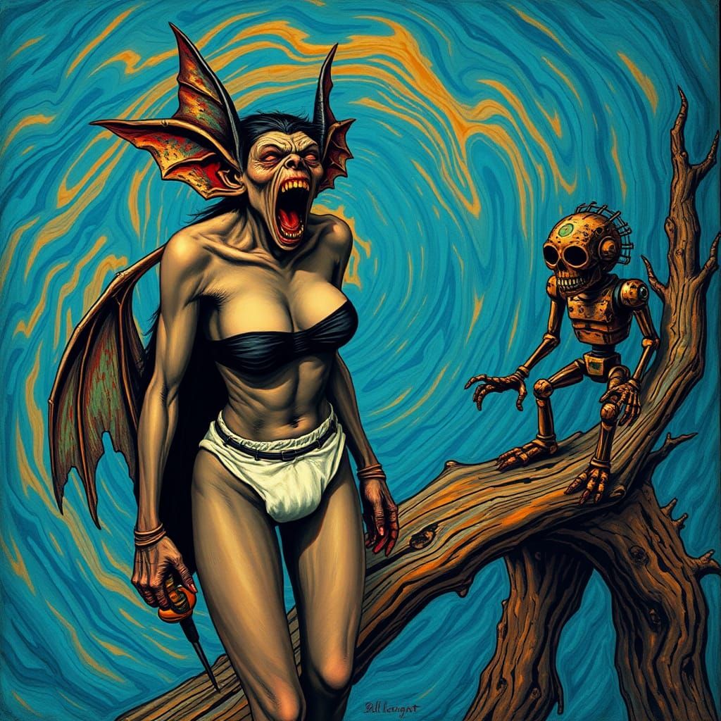 Screaming Bat Woman on Bridge: Expressionist Style