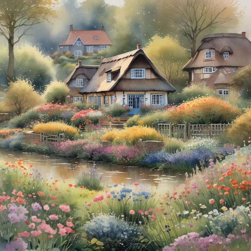 North Frisian House with Spring Garden, Watercolor Art
