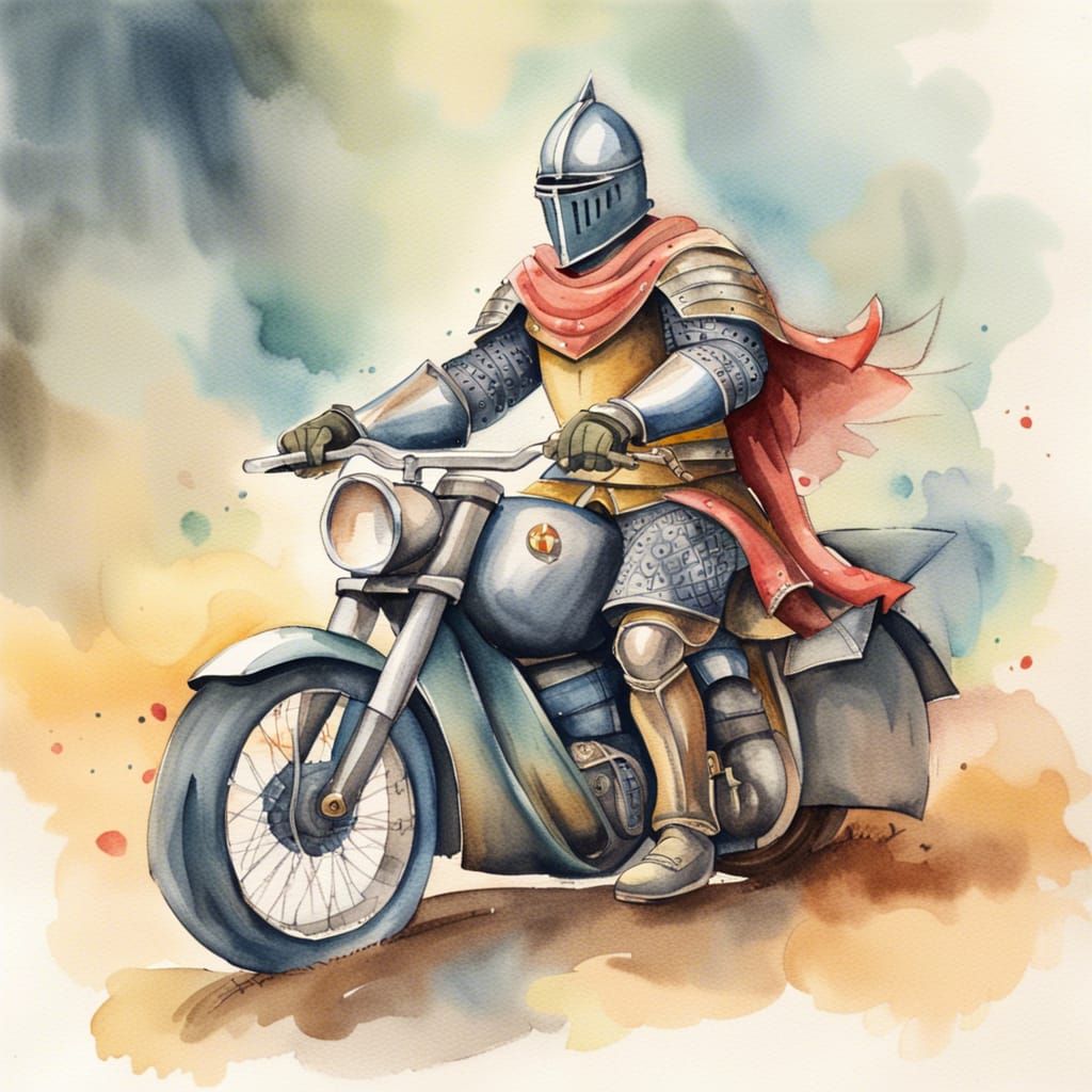 Medieval Knight on Motorcycle, Watercolour Painting
