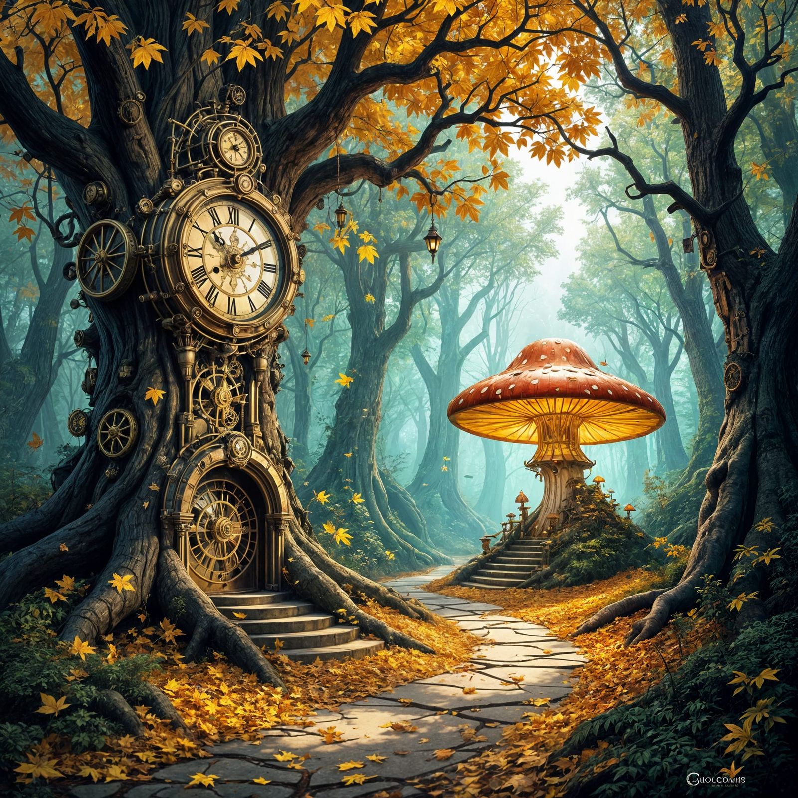 Enchanted Clockwork Forest with Glowing Mushroom