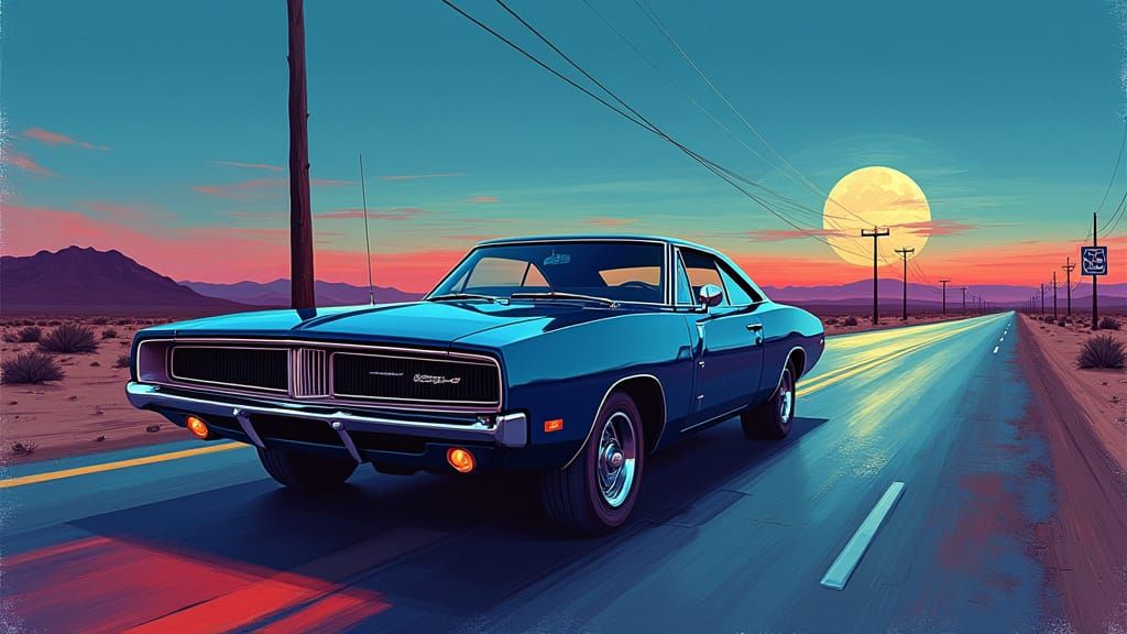 1969 Dodge Charger on Route 66 in Pop Art Style