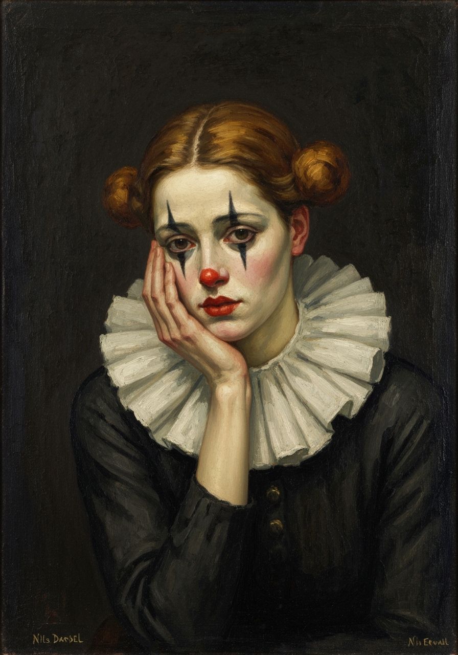 Sorrowful Female Clown in Symbolist Fantasy Style