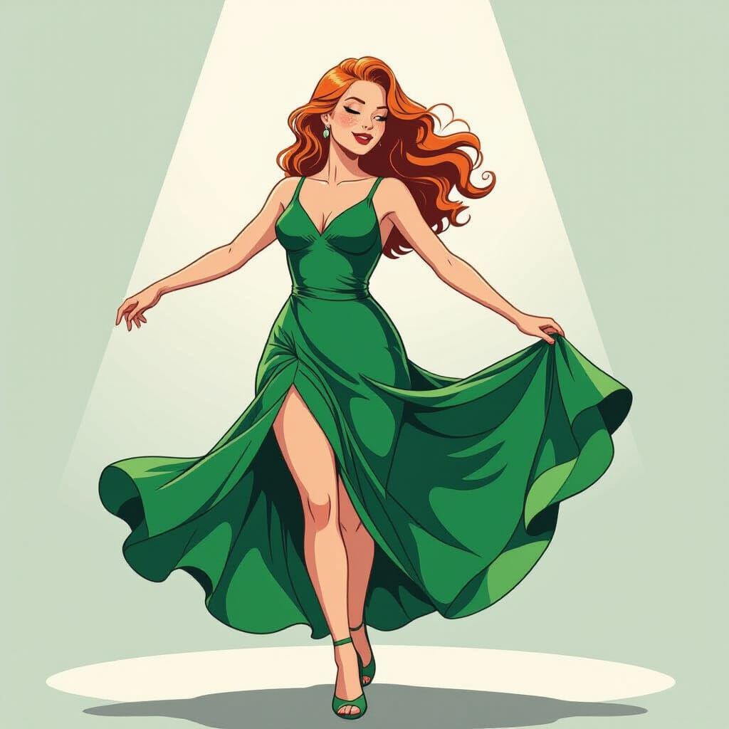 Ginger Irish Dancer in Emerald Dress in Comic Style