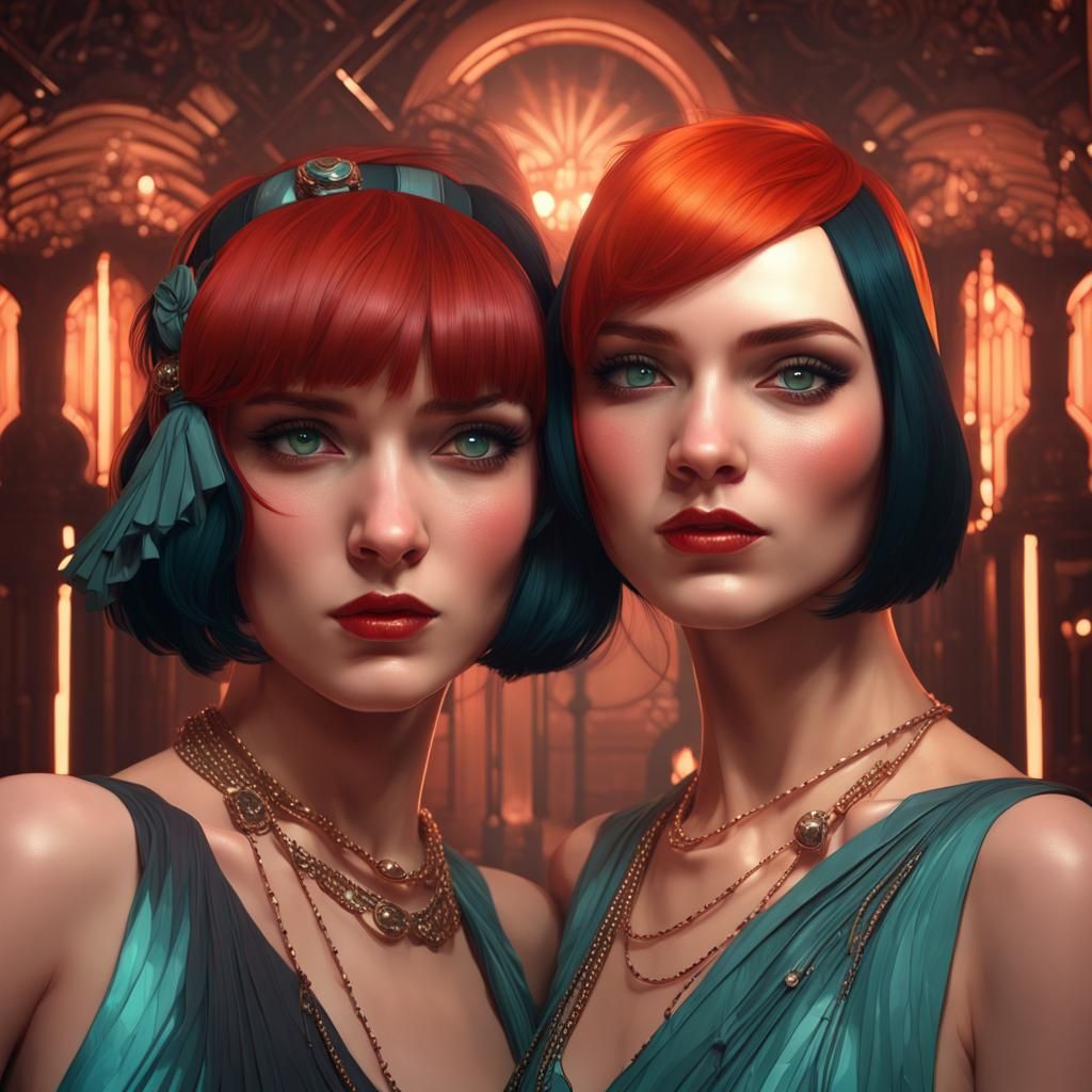 Flapper Girls in Art Deco Club, Art Nouveau Style