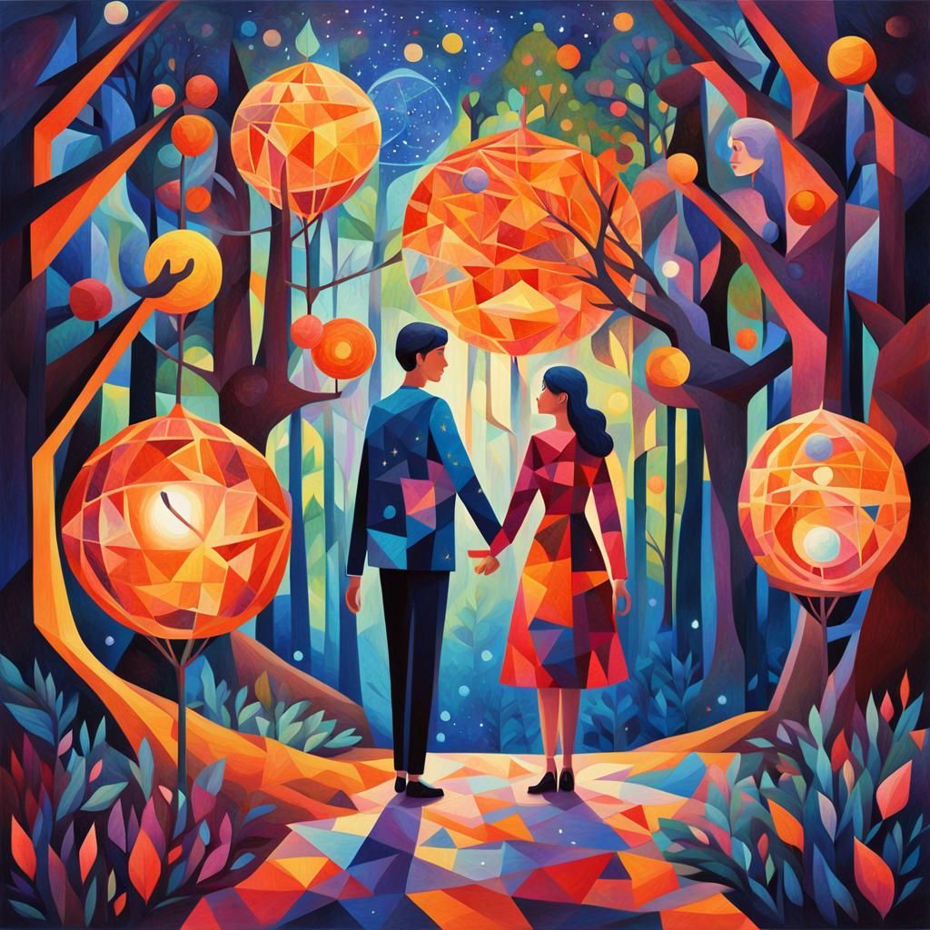 Cosmic Forest Couple in Neo-Cubism Style