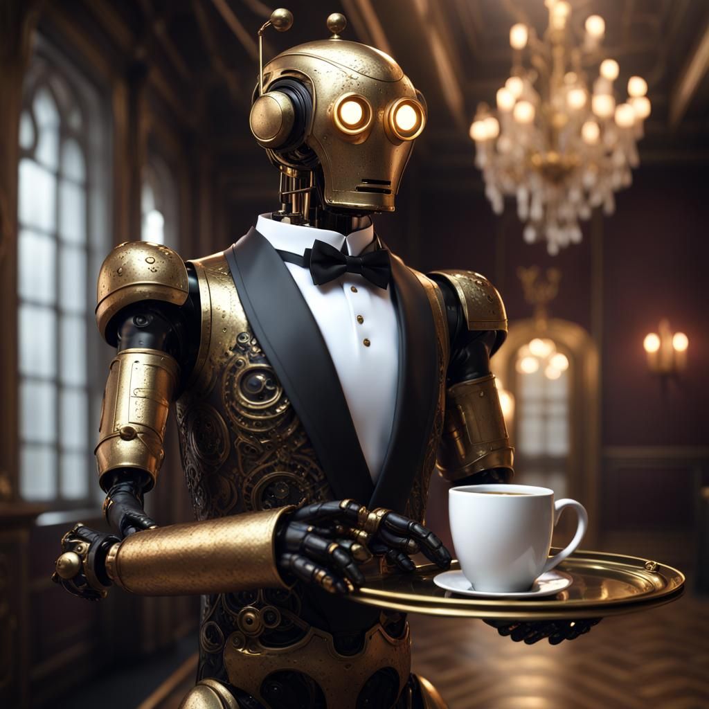 English Robot Butler with Cocoa, Detailed Digital Art