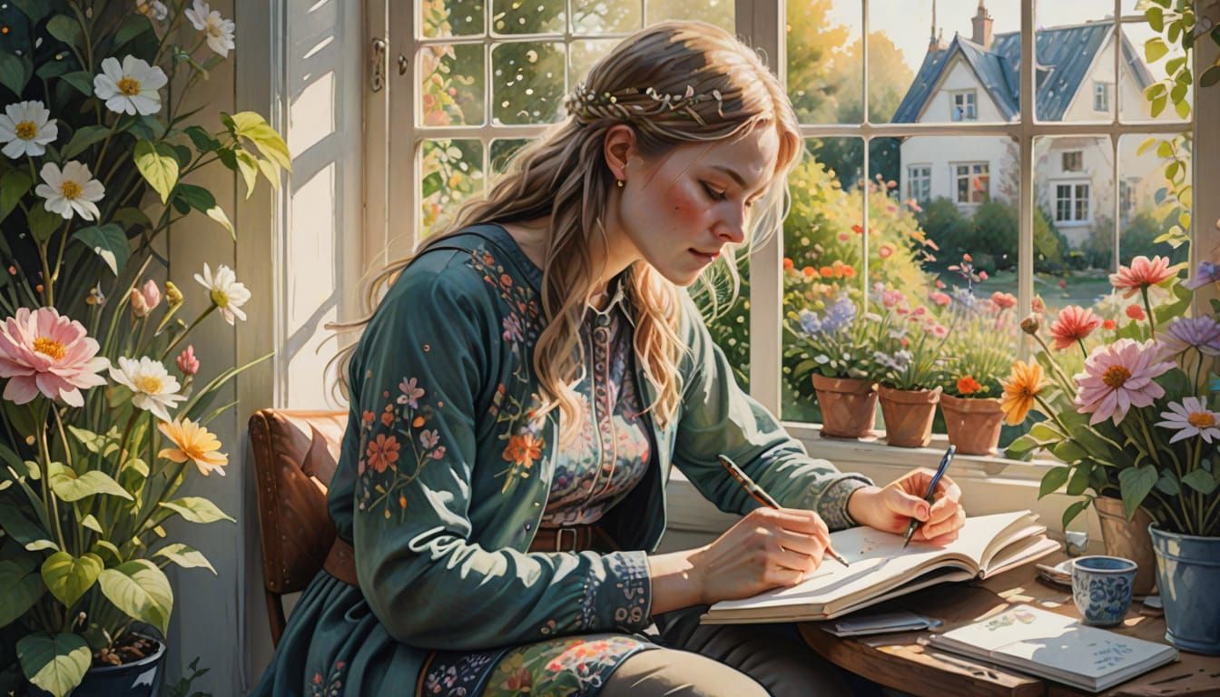Nordic Woman Sketching in a Sunlit Garden, Watercolor