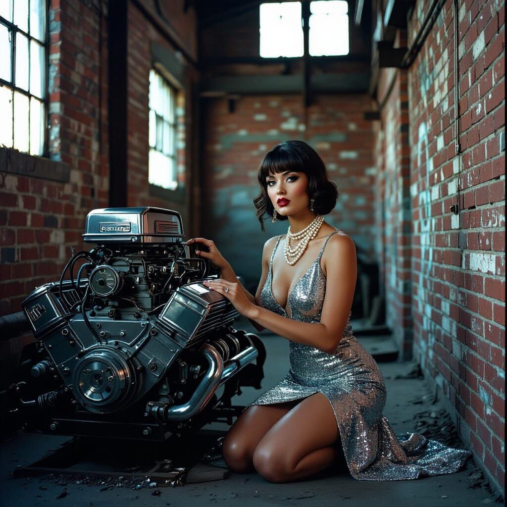 Woman in Sequins with V8 Engine, Moody Industrial Style