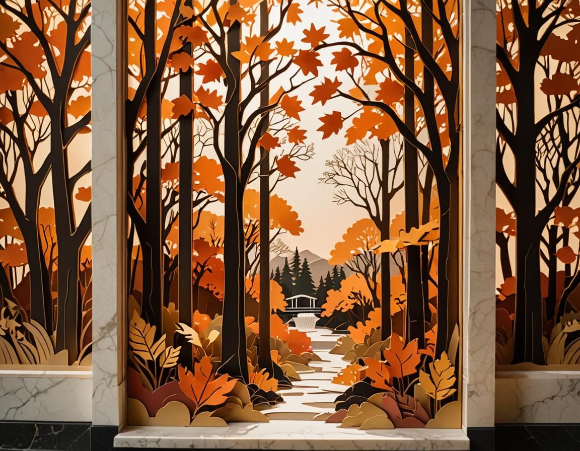 Art Deco Autumn Interior as Papercut Triptych