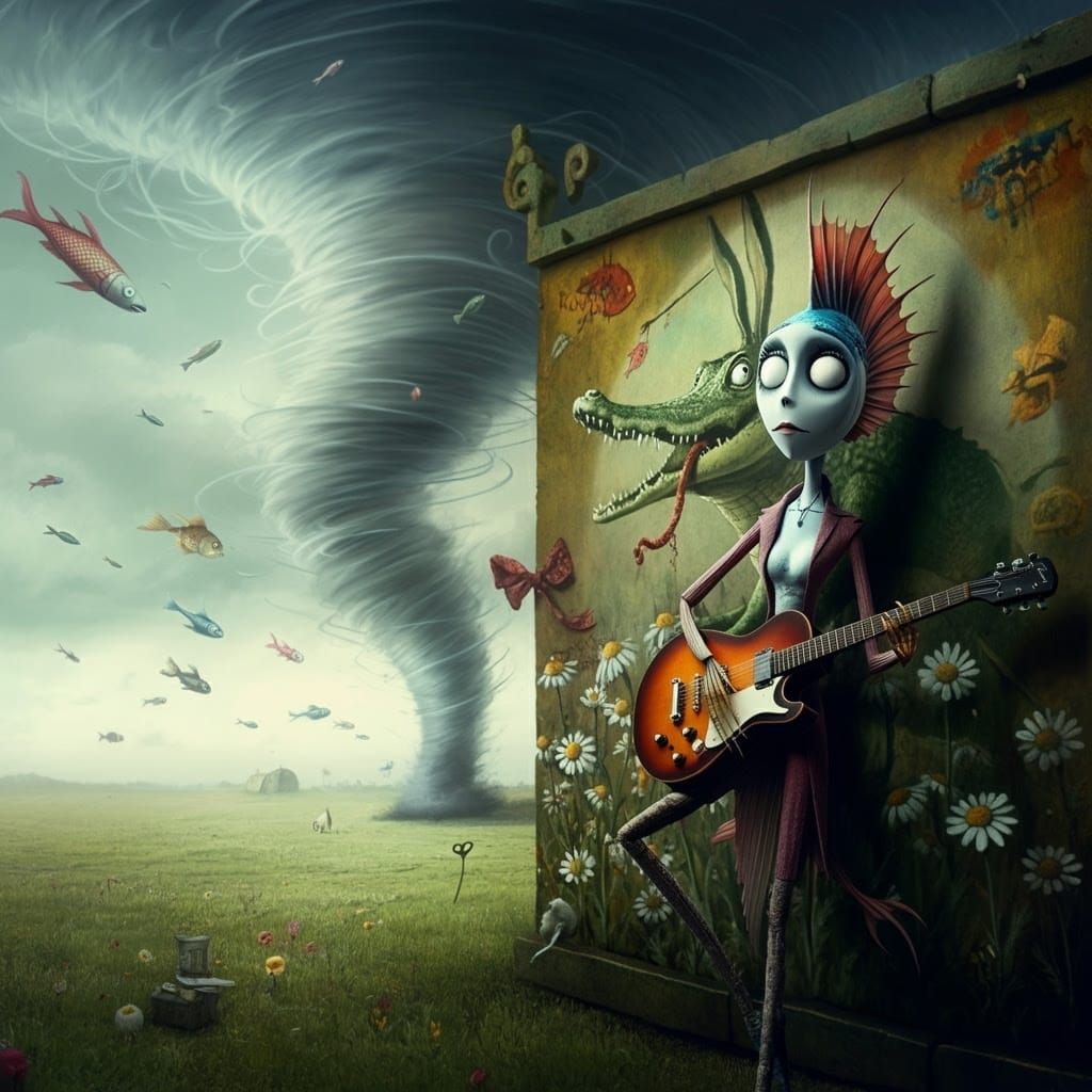 Surreal Fish Woman Plays Guitar in Whimsical Chaos