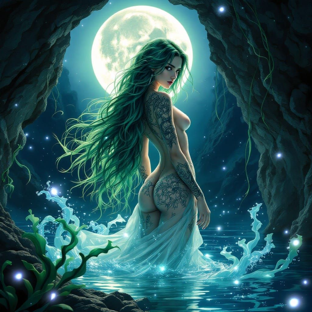 Enchanted Cove Goddess with Emerald Hair and Glowing Tattoos