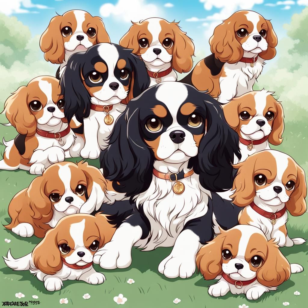 Adorable Cavalier King Charles Spaniel Family in Anime Style