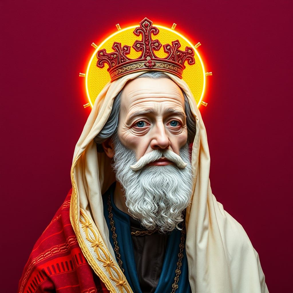 Surrealist Saint with Neon Halo in Molecular Needlework