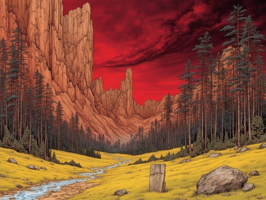 Towering Red Cliffs Above Alien Forest
