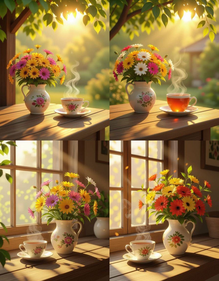 Summer Blooms and Tea in Golden Afternoon Light, Anime Art
