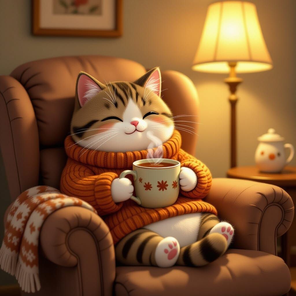 Pusheen Cat Enjoys Tea in Cozy Armchair