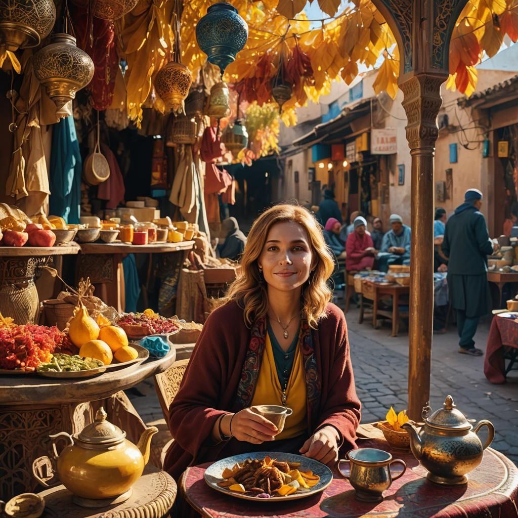 Moroccan Woman in Autumn Bazaar: Photorealistic Concept Art