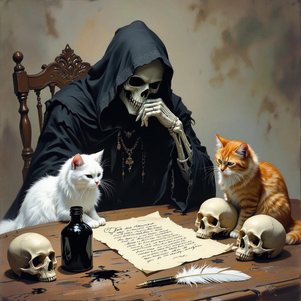 Grim Reaper Contemplates with Cats and Skulls
