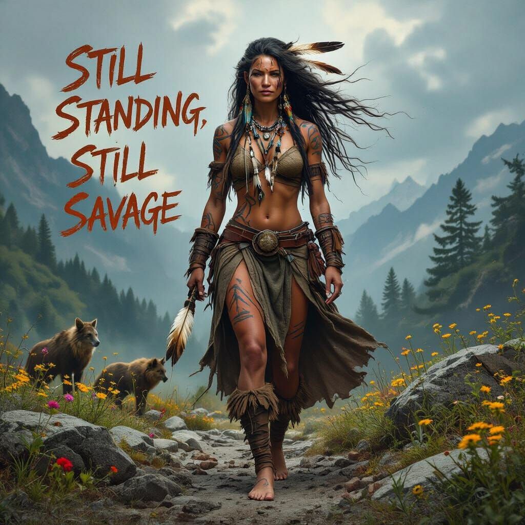 Nature Warrior with Tribal Script in Wild Landscape